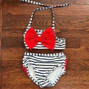 RuffleButts Girls 2T Bikini w/ Red Bow & Ruffles, Navy & White Stripes